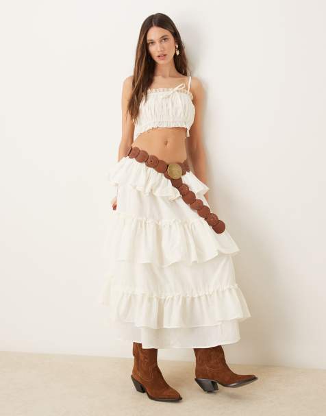 ASOS DESIGN cotton ruffle prairie maxi skirt in ecru co ord - view 1