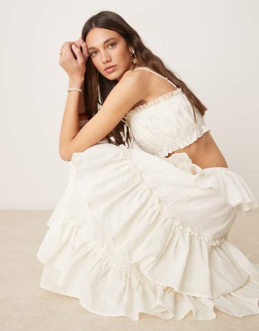 ASOS DESIGN - Maxi prairie-rok van katoen met ruches in ecru, deel van co-ord set