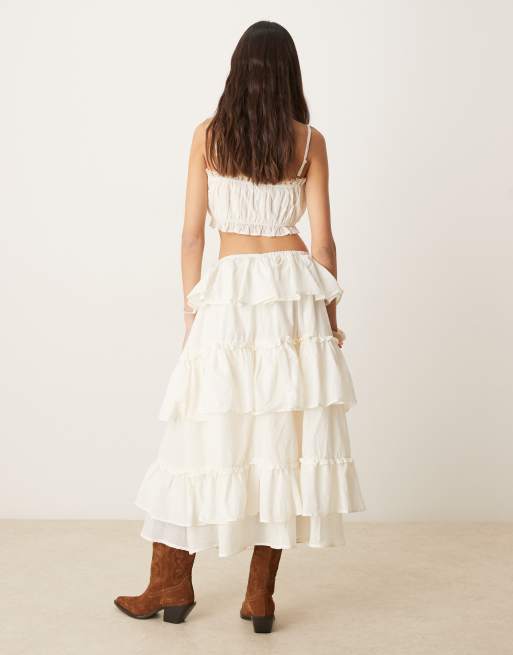 ASOS DESIGN cotton ruffle prairie maxi skirt in ecru - part of a set, 3 of 5