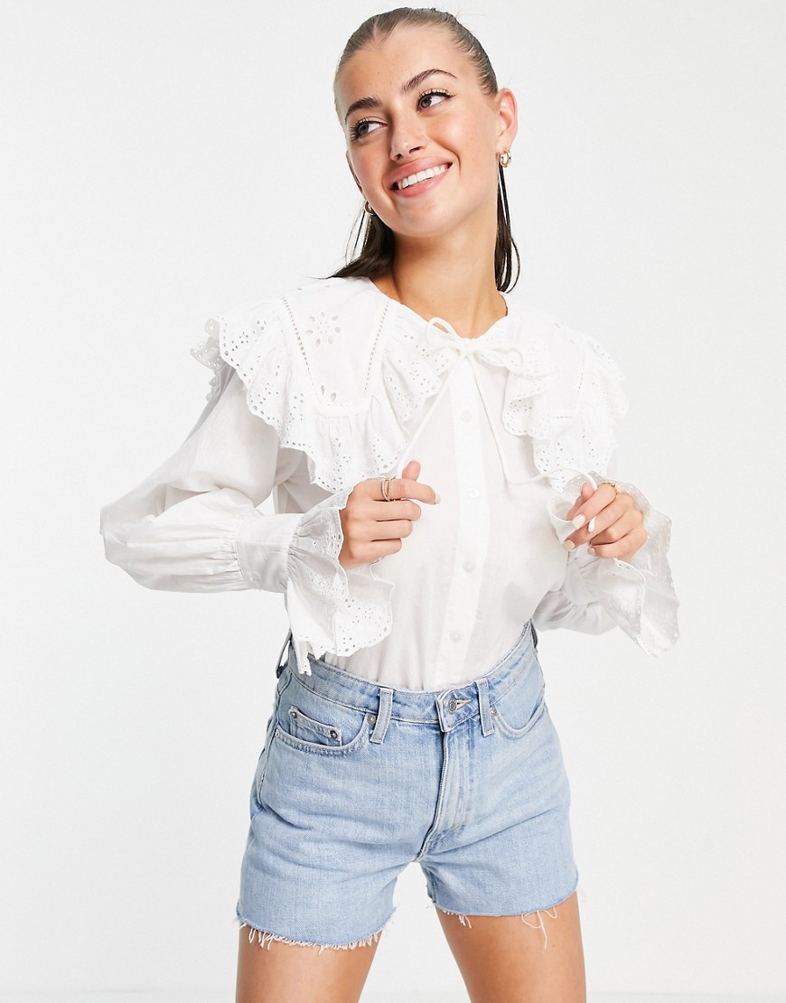 ASOS DESIGN cotton ruffled blouse with broderie collar in ivory-White