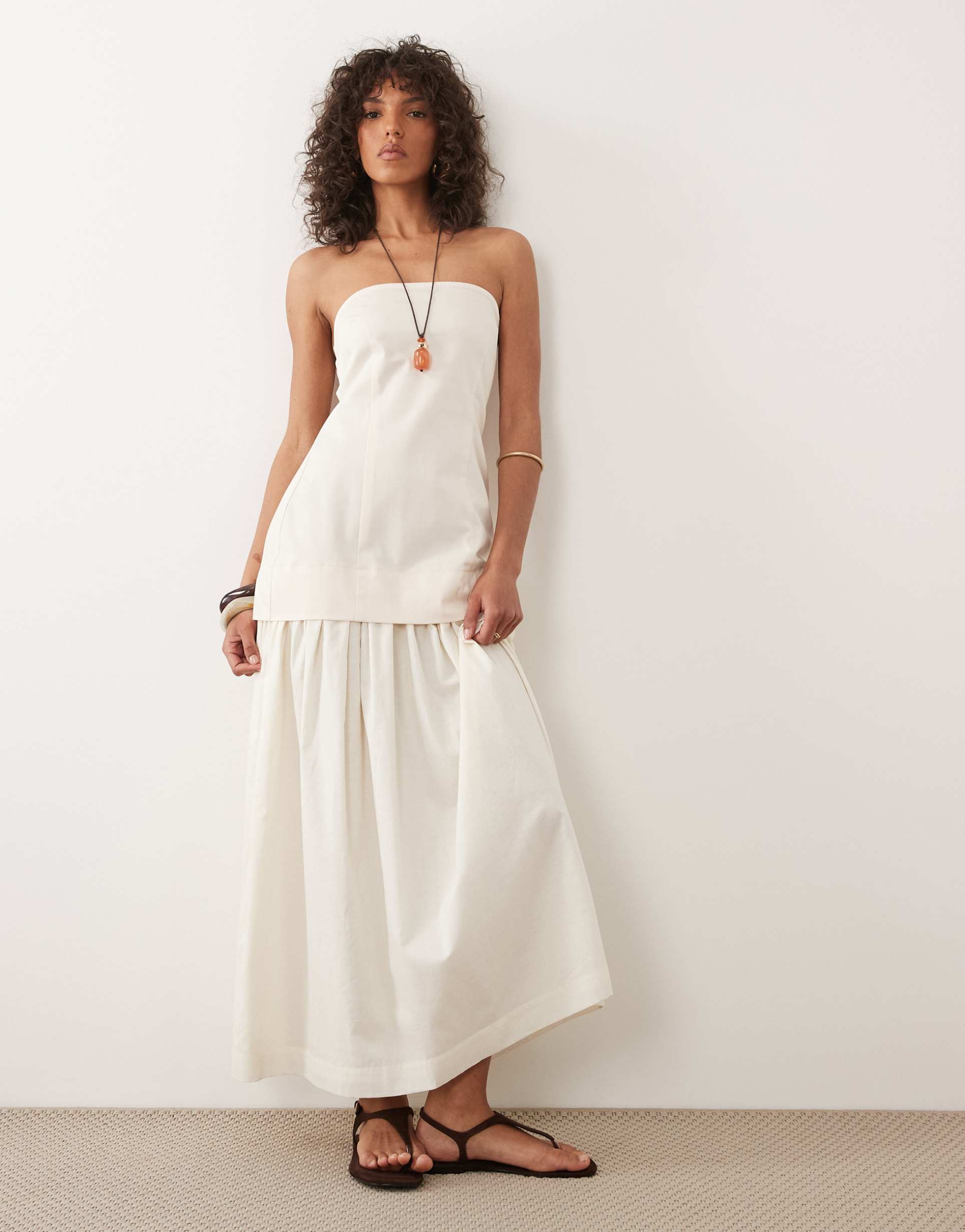 asos design cotton sateen bandeau maxi sundress with dropped waist ruffle hem in white
