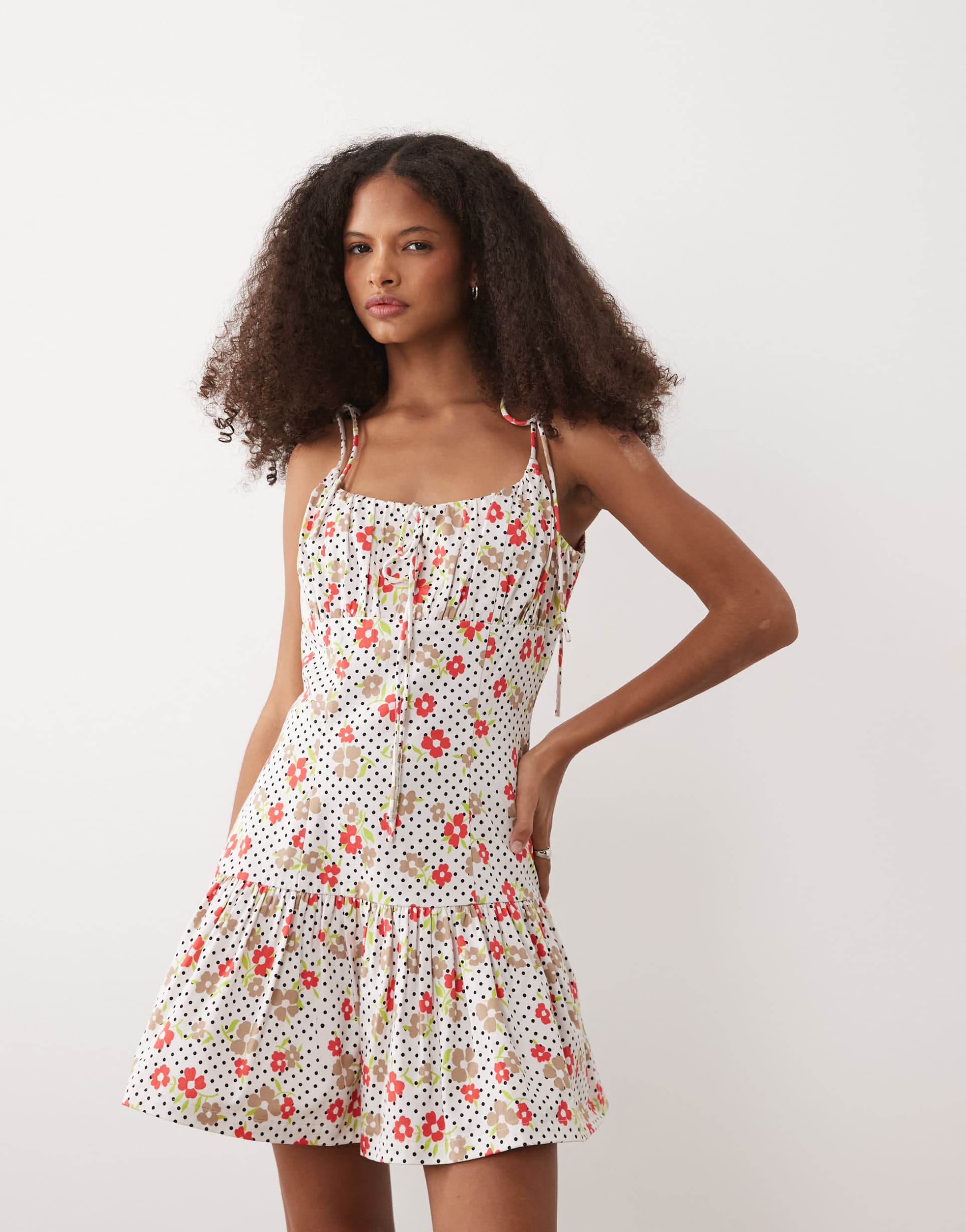 asos design cotton sateen tie bust dropped waist mini sundress in micro polka dotted red floral print