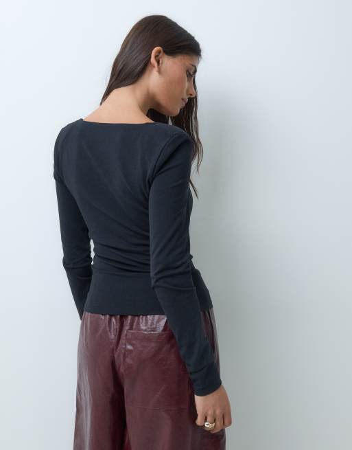 ASOS DESIGN cotton scoop neck long sleeve top with shoulder pads in black, 4 of 5