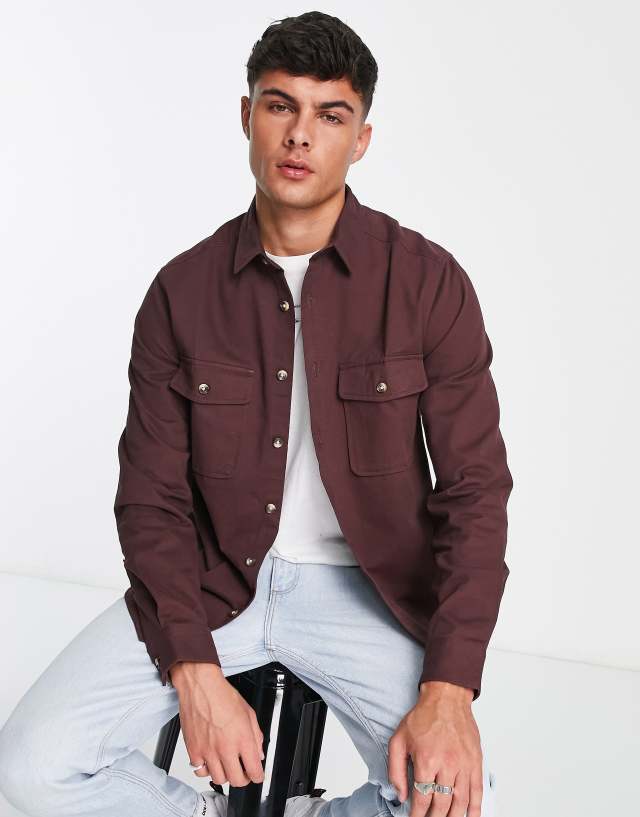 ASOS DESIGN cotton shacket in maroon