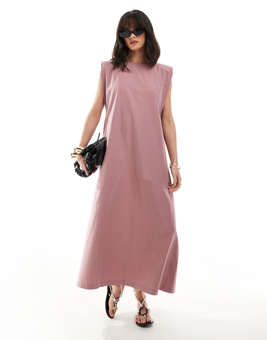 Asos Design Cotton Shapeless Midaxi Dress With Shoulder Pads In Dusty Raspberry-white