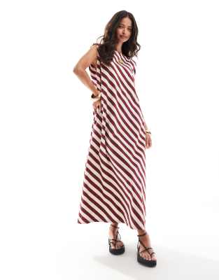 Asos Design Cotton Shapeless Midi Dress With Shoulder Pads In Burgundy Stripe-multi