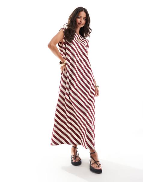 ASOS DESIGN cotton shapeless midi dress with shoulder pads in burgundy stripe - view 1