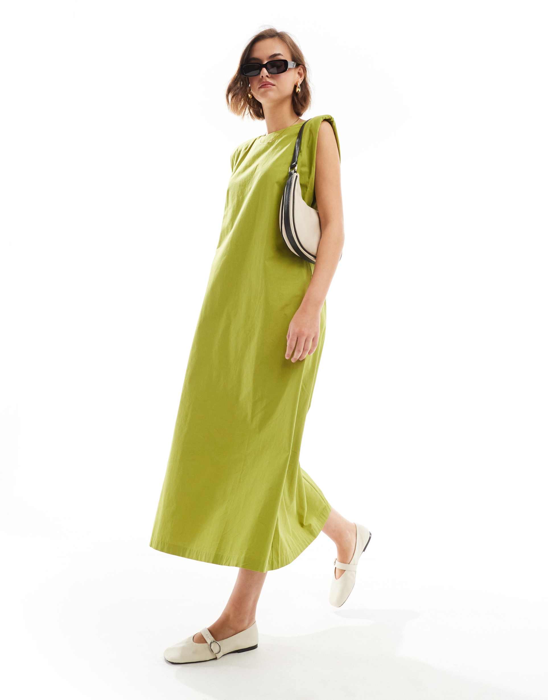 asos design cotton shapeless midi dress with shoulder pads in olive green