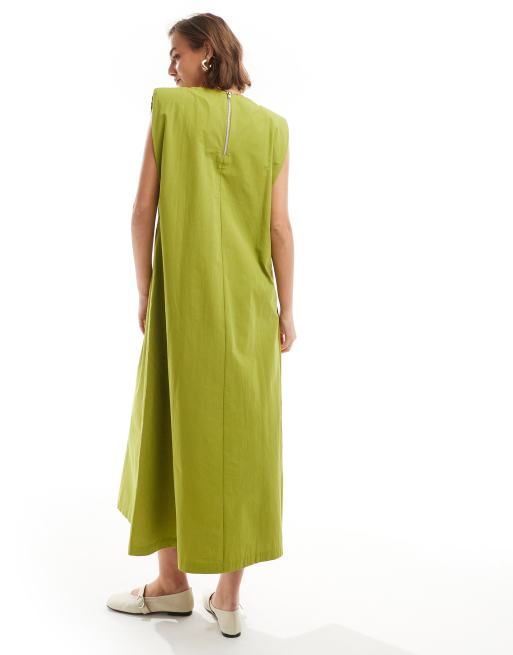ASOS DESIGN cotton shapeless midi dress with shoulder pads in olive green, 3 of 4