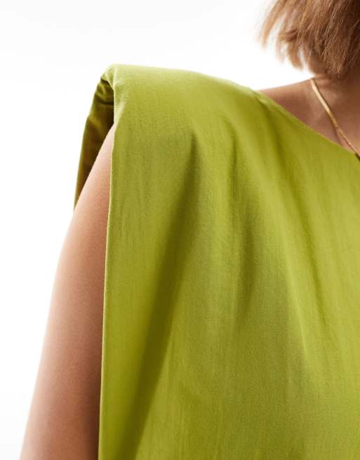 ASOS DESIGN cotton shapeless midi dress with shoulder pads in olive green, 4 of 4