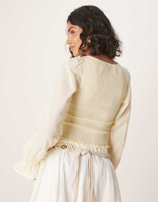 ASOS DESIGN cotton shirred blouse in buttermilk