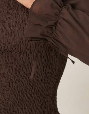 Asos Design Cotton Shirred Blouse In Brown