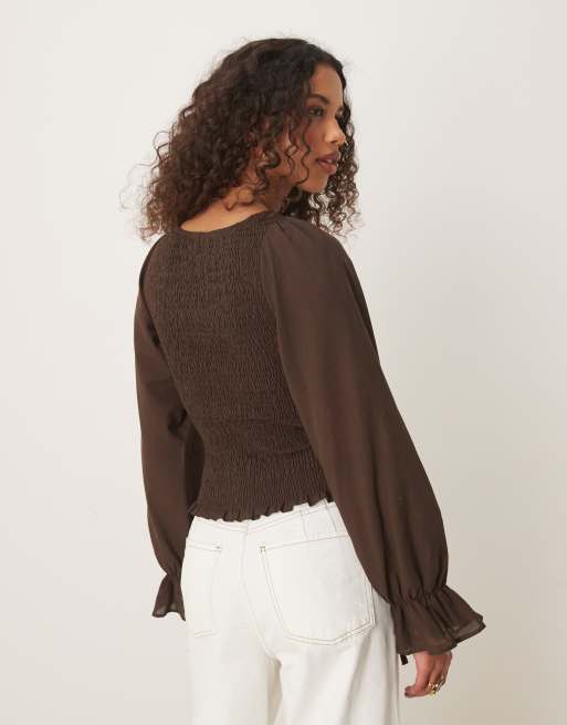 ASOS DESIGN cotton shirred blouse in chocolate