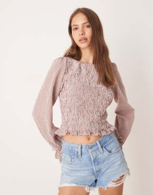 ASOS DESIGN cotton shirred blouse in pink gingham - view 1