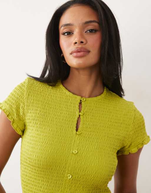 ASOS DESIGN cotton shirred button down short sleeve top in green, 3 of 4