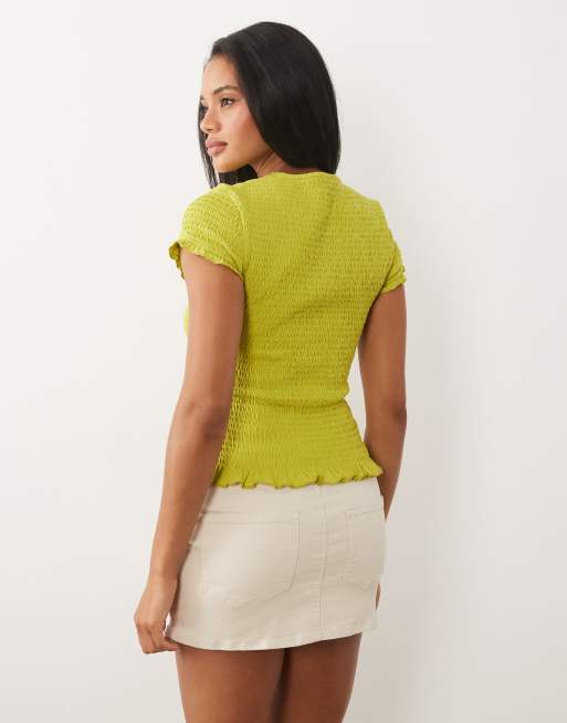 ASOS DESIGN cotton shirred button down short sleeve top in green, 4 of 4