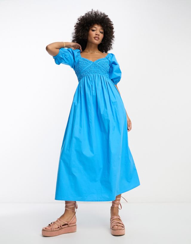 ASOS DESIGN cotton shirred corset midi dress in blue