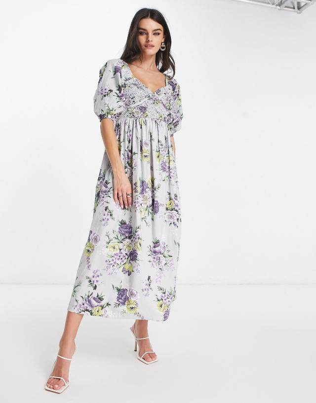 ASOS DESIGN cotton shirred corset midi dress in floral print