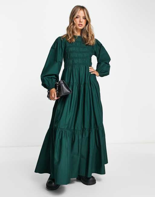 Asos Design Cotton Shirred Maxi Smock Dress In Deep Green Asos