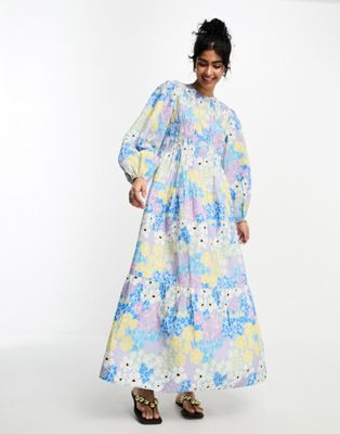 ASOS DESIGN cotton shirred maxi smock dress with puff sleeve in multi floral print