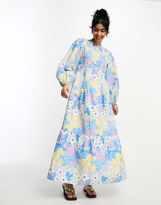 ASOS DESIGN cotton shirred maxi smock dress with puff sleeve in multi  floral print