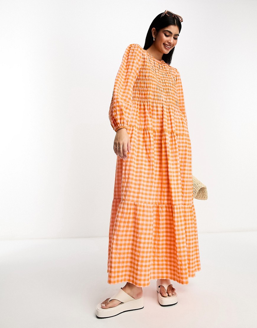 Asos Design Cotton Shirred Maxi Smock Dress With Puff Sleeve In Pink And Orange Plaid-multi