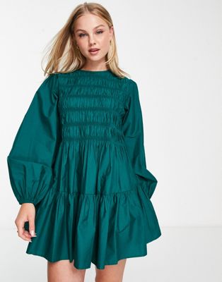 ASOS DESIGN cotton shirred mini smock dress in green
