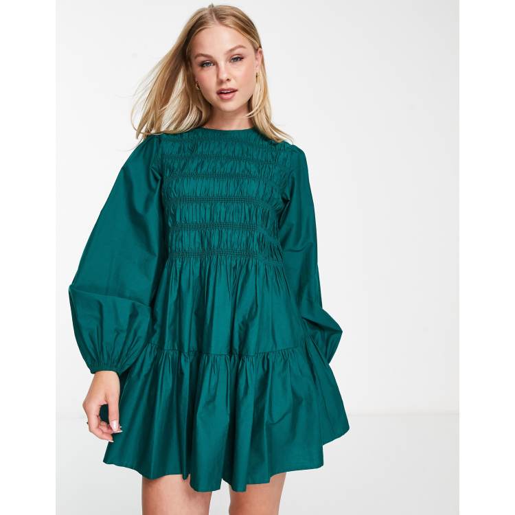 ASOS DESIGN cotton shirred mini smock dress in green ASOS