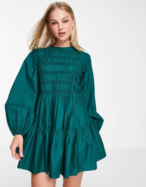 ASOS DESIGN cotton shirred mini smock dress in green | ASOS