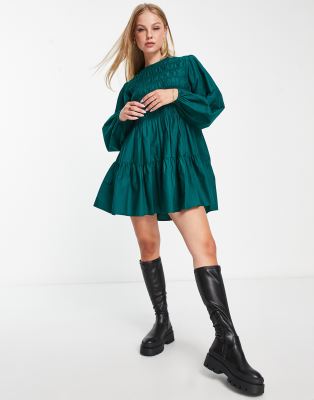 ASOS DESIGN cotton shirred mini smock dress in green | ASOS