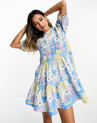 ASOS DESIGN cotton shirred mini smock dress with puff sleeve in floral print