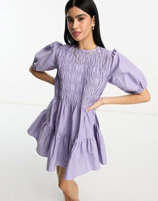 ASOS DESIGN cotton shirred mini smock dress with puff sleeve in lilac
