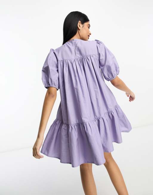 ASOS DESIGN cotton shirred mini smock dress with puff sleeve in lilac