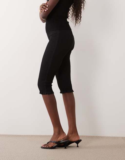 ASOS DESIGN cotton shirred ruffle hem capri in black, 2 of 5