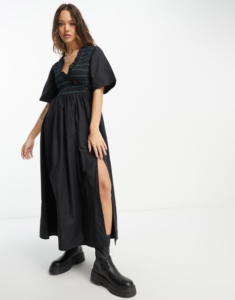 ASOS DESIGN cotton shirred wrap midi smock dress in black - view 1