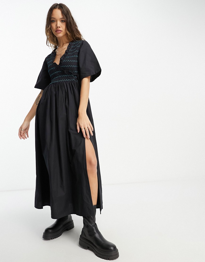 Asos Design Cotton Shirred Wrap Midi Smock Dress In Black