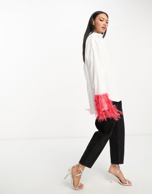 Asos Design Cotton Shirt In White With Red Faux Feather Cuff Detail