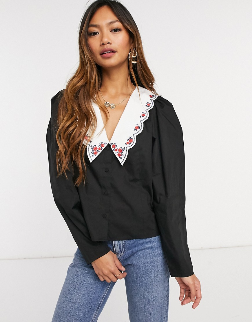 ASOS DESIGN cotton shirt with contrast embroidered collar in black