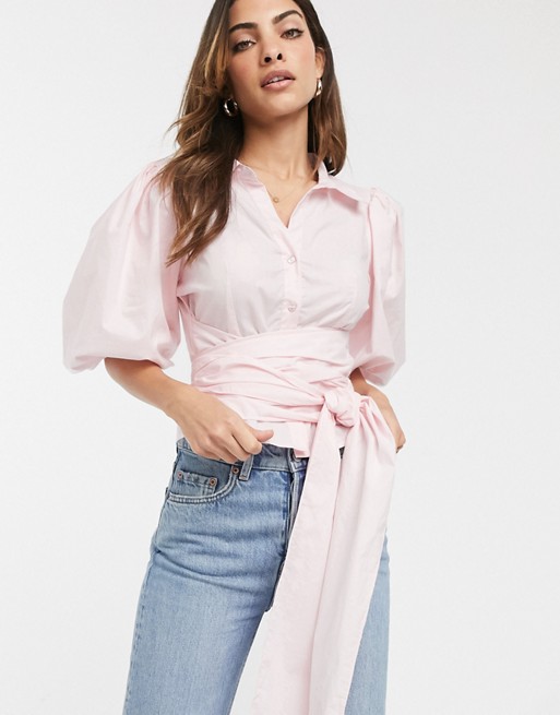 ASOS DESIGN cotton shirt with puff sleeve and wrap around belt in pink