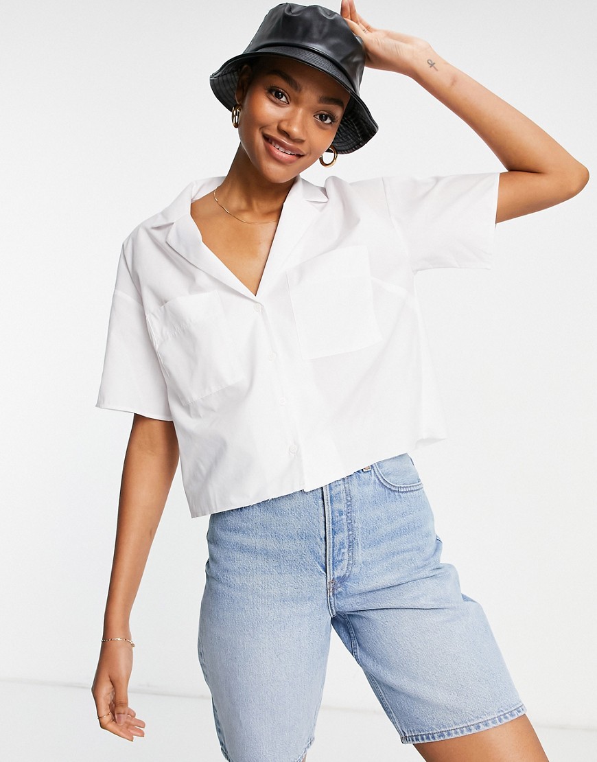 ASOS DESIGN cotton shirt with short sleeve in ivory-White