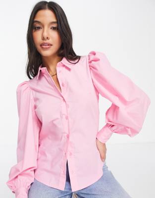 ASOS DESIGN cotton shirt with volume sleeve & deep cuff in pink