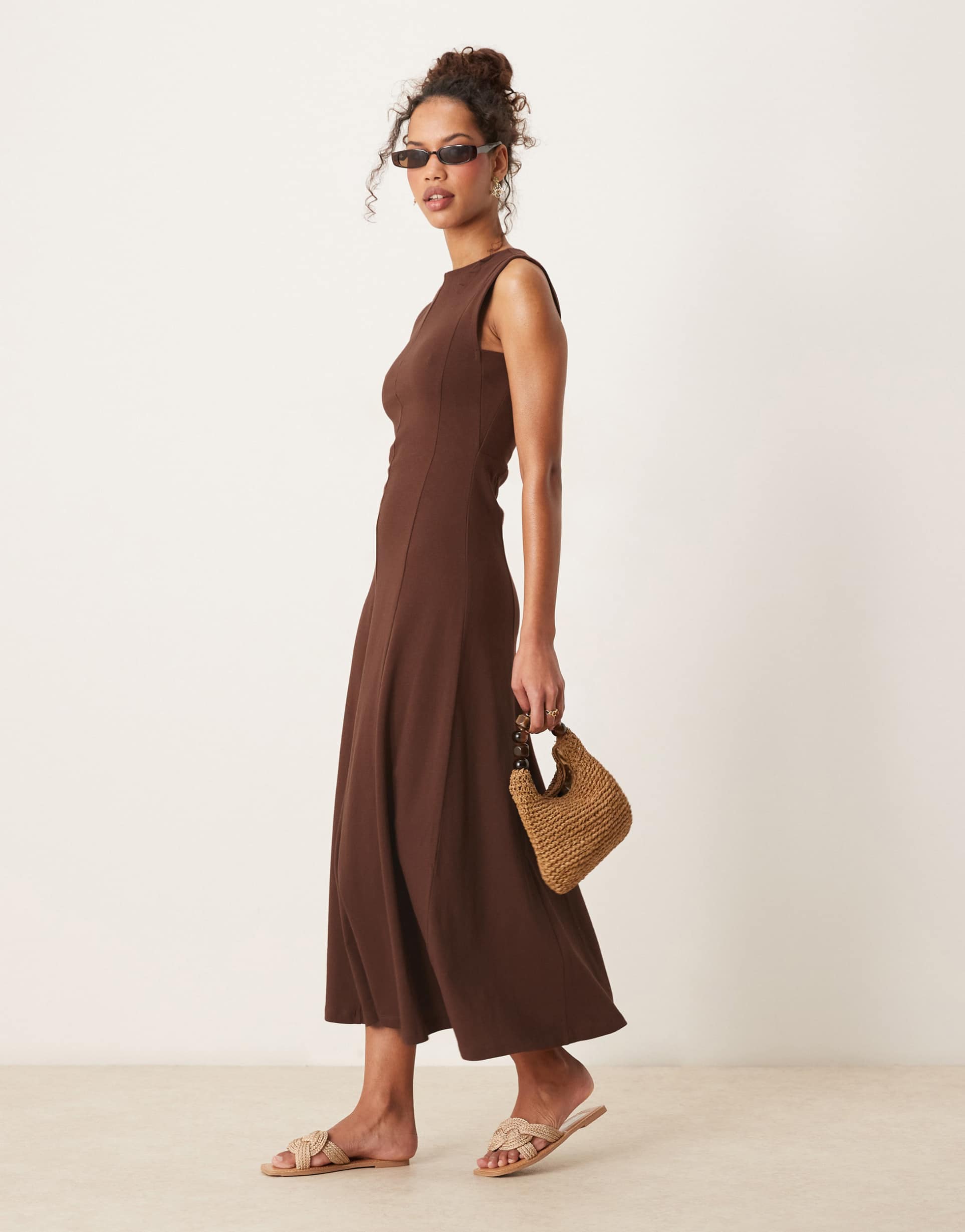 asos design cotton sleeveless midi sundress in brown