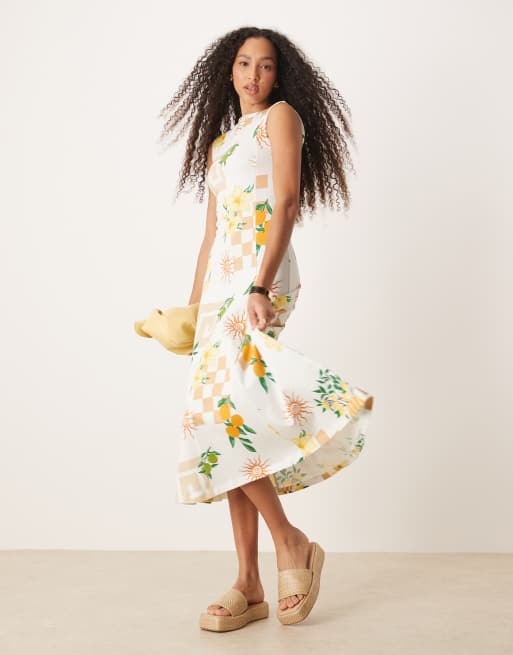 ASOS DESIGN cotton sleeveless midi sundress in postcard print