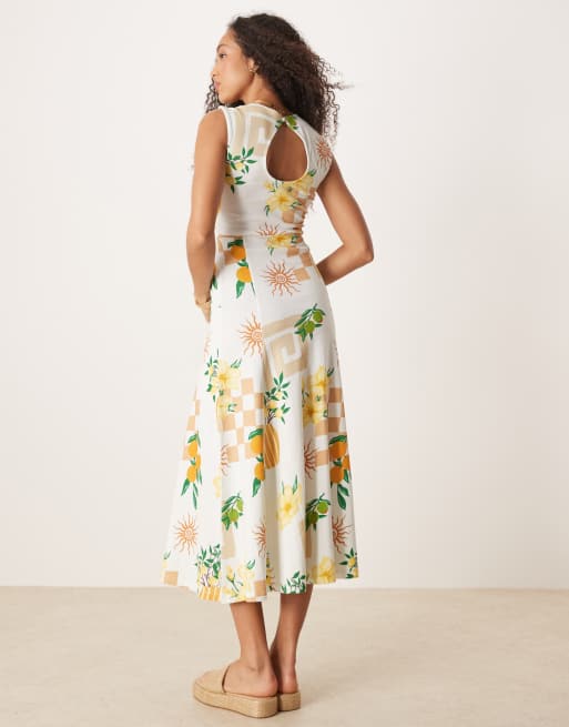 ASOS DESIGN cotton sleeveless midi sundress in postcard print