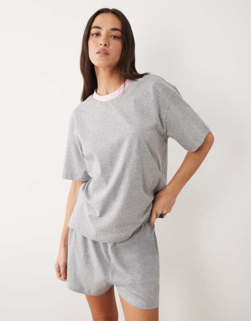 ASOS DESIGN cotton slub oversized tee and short set with contrast neck binding in grey marl, 3 of 4