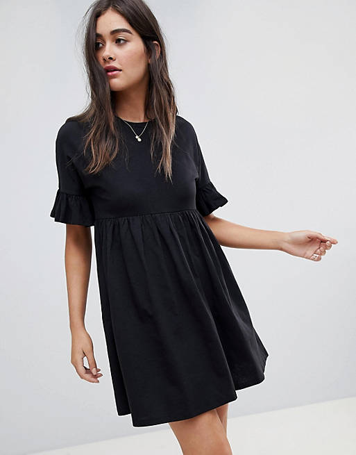  cotton slubby frill sleeve smock dress in black 