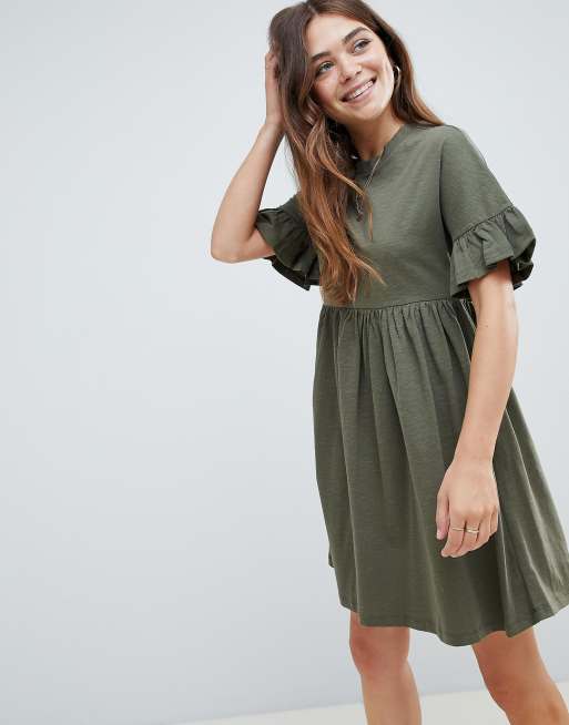 Asos design cotton slubby 2025 frill sleeve smock dress