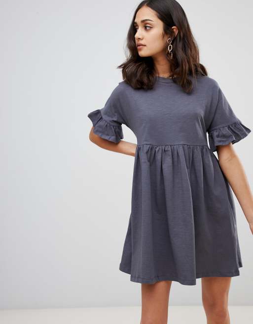 Asos design cotton slubby 2025 frill sleeve smock dress