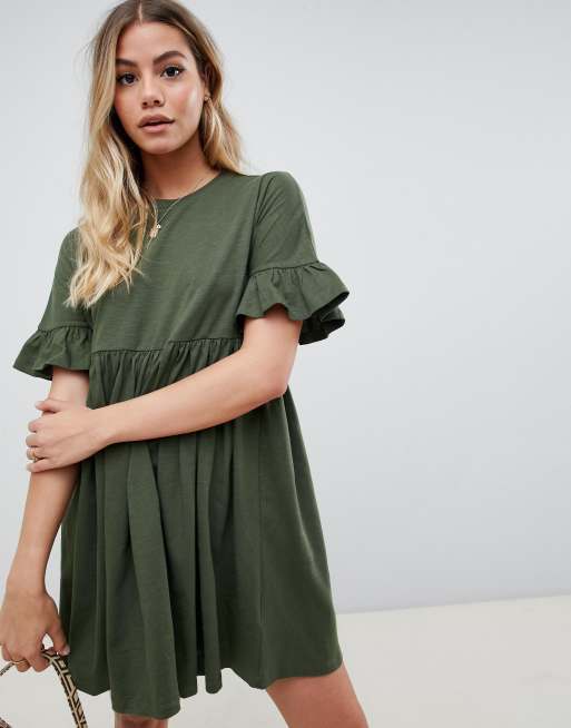 Asos design cotton slubby frill sleeve smock on sale dress