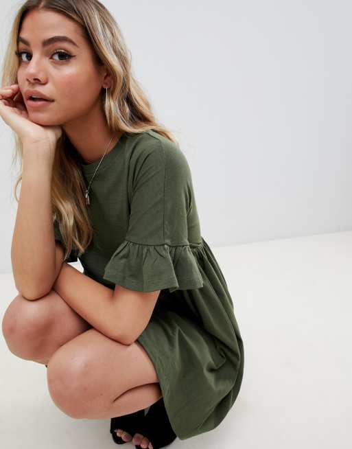 Asos design cotton slubby frill sleeve smock clearance dress